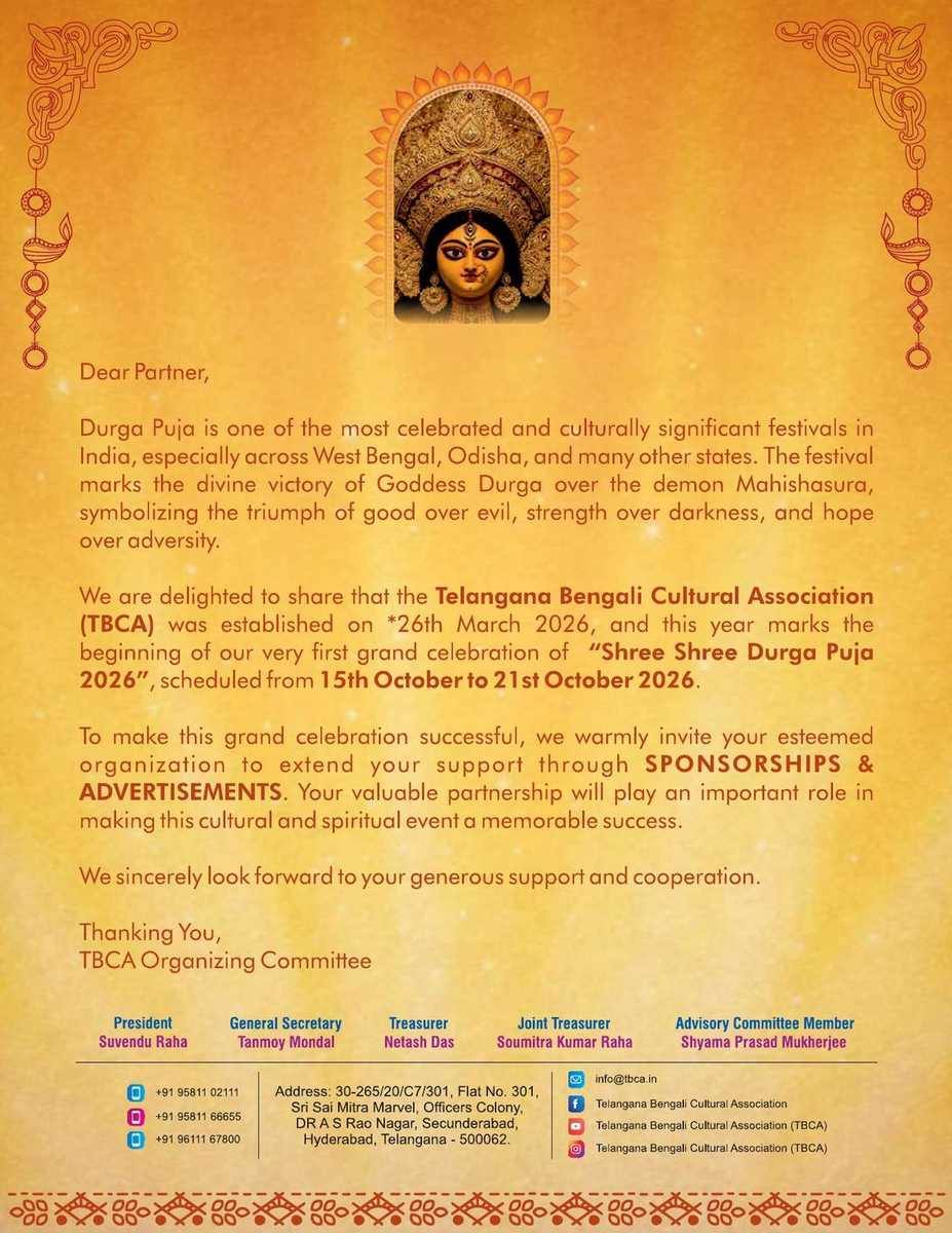 TBCA Durga Puja 2026 partnership invitation letter